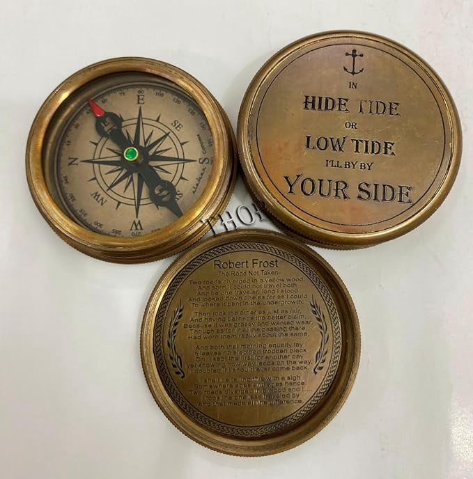 Antique Brass 3" Vintage Compass Direction Marine Graduation Compass Hide Tide or Love Tide I'll by by Your Side Engraved Beautiful Handmade Men Gift