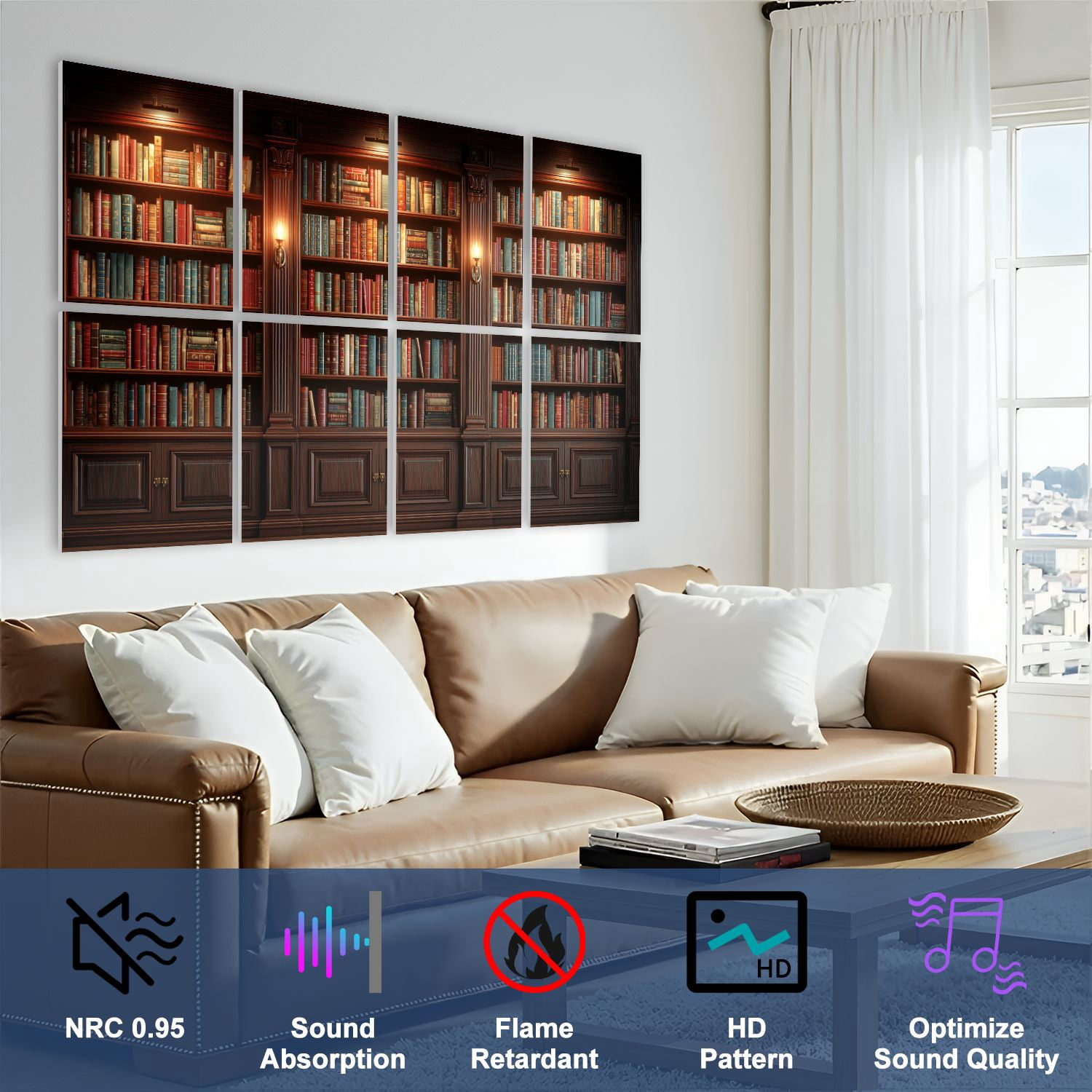 8 Pack Art Acoustic Panels Sound Absorbing Inviting Library Soft Candlelit Ambiance Decorative Soundproof Wall Panels Self Adhesive for Nursery Game Room Bedroom 48"x32"