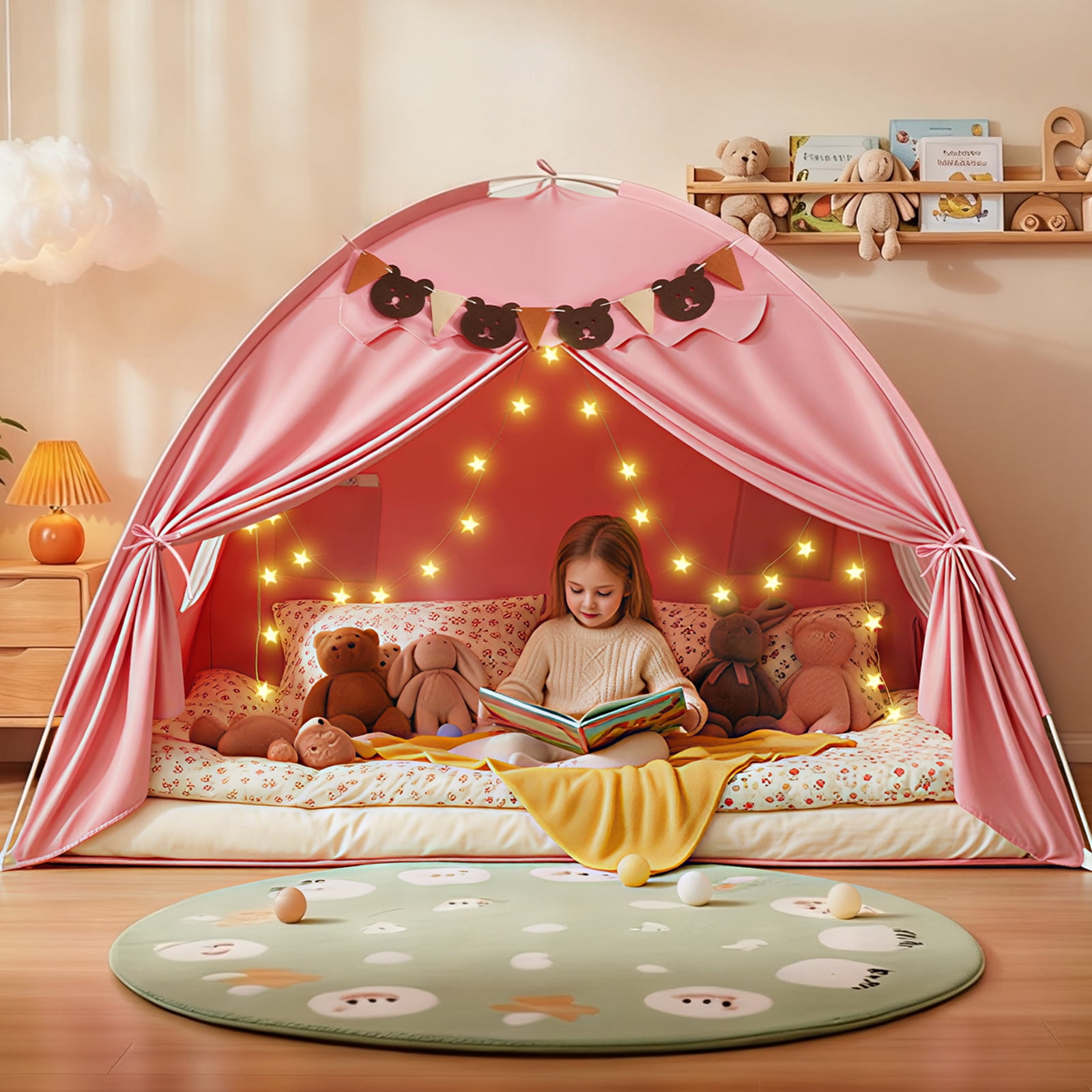 YEERSWAG® Kids Play Tent, Play Tent for Kids, Bed Tent for Floor Tent with Curtains Gift for Boys and Girls, Pink