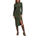 thumbnail image 3 of PrettyGuide Women's Mock Neck Sweater Dress Long Sleeve Fall Winter Ribbed Knit Bodycon Slit Midi Dress with Button, 3 of 8