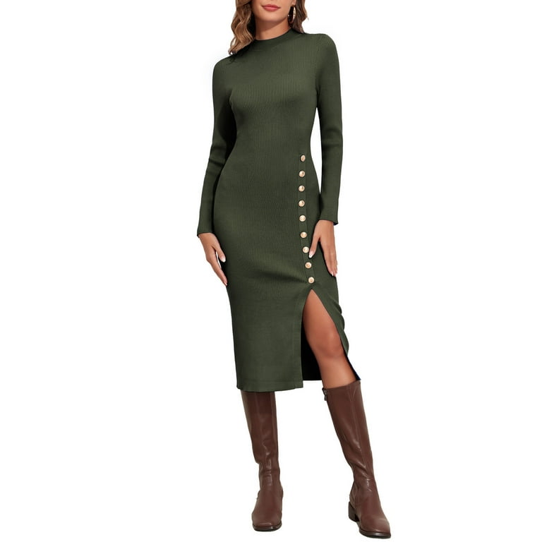 PrettyGuide Women s Mock Neck Sweater Dress Long Sleeve Fall Winter Ribbed Knit Bodycon Slit Midi Dress with Button