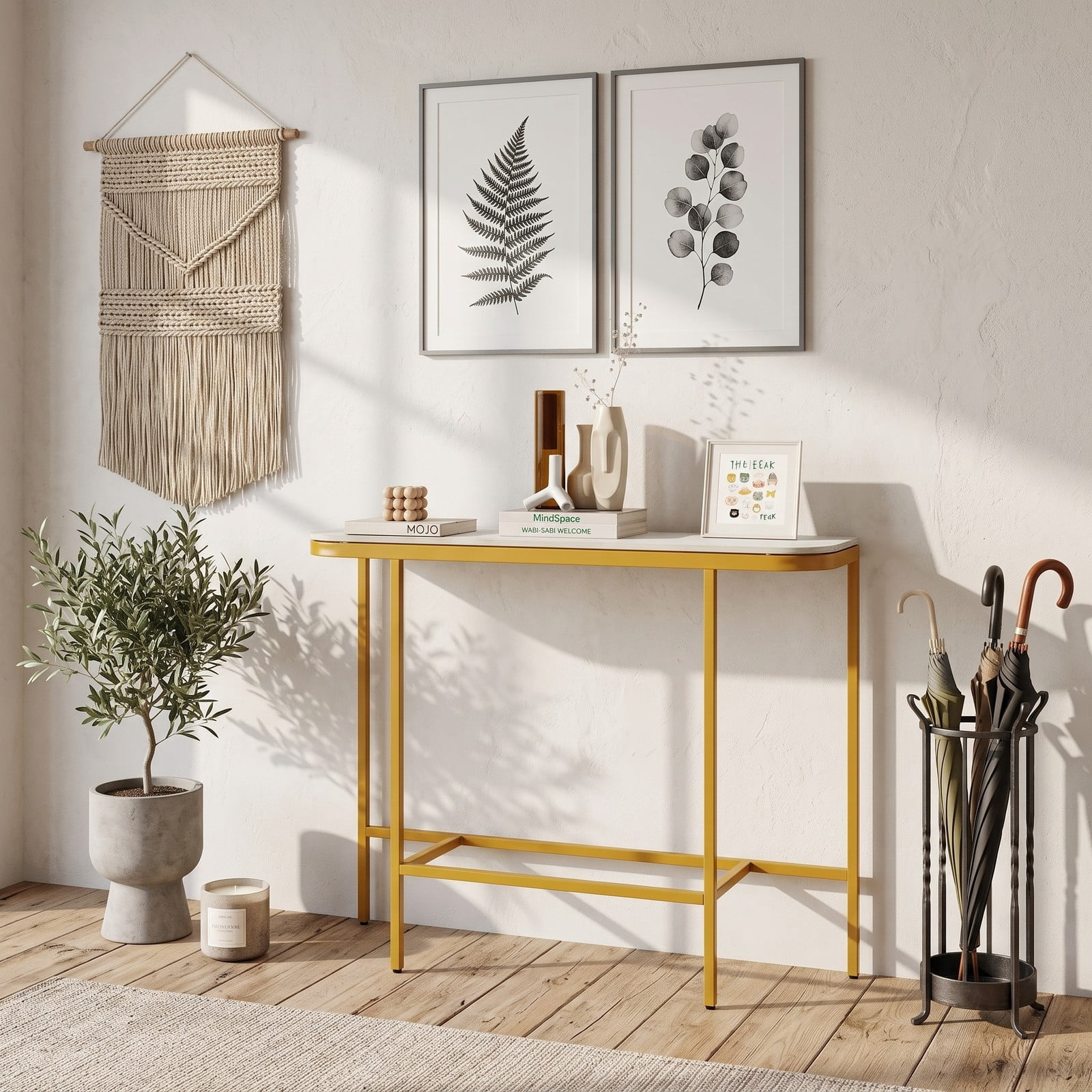 Furnibear 44 Inch Console Table with Faux Marble Tabletop and Heavy-Duty Metal Frame for Entryway and Living Room, White and Gold
