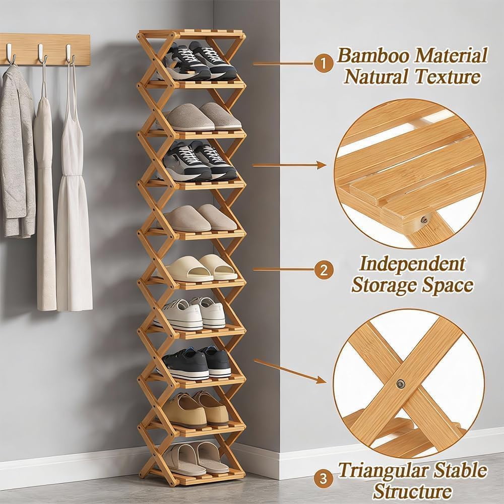 Tier Bamboo Shoe Rack, 2-9 Tiers Natural or Tea Color Foldable Shoe Rack Organizer, No-Tool Assembly Required with Strong Load-Bearing Capacity for Indoor