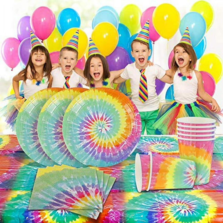 Tie Dye Birthday Party Supplies Tableware Set for 16 with Tablecloth 