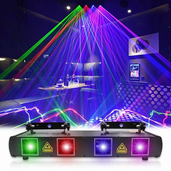 DJ Laser Light | 4-Beam RGB LED Projector, Sound Activated/DMX Compatible | Low-Power Beam System with Voice Control & Modes | for Parties, Clubs, Stage Lighting