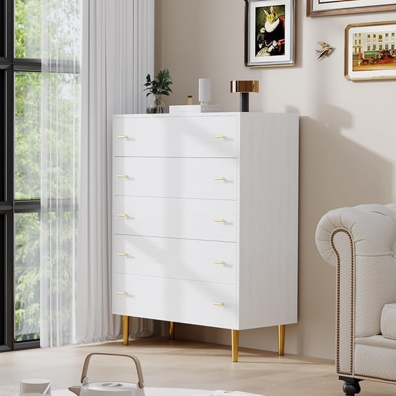 44" Tall 5-Drawer Wood Rustic Dresser for Bedroom, Vintage Chest of Drawers with Bar Handles – White Storage Organizer for Living Room & Hallway