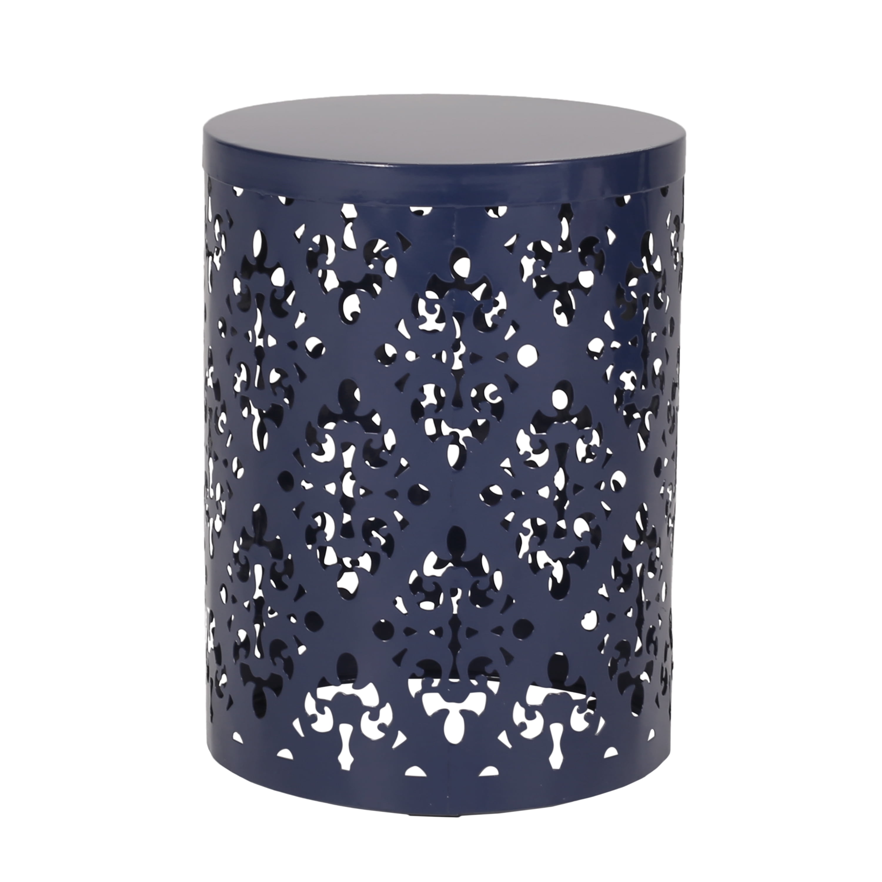 Outdoor Nesting Side Table Set of 2, Cylindrical Floral Pattern Structure for Patio Garden, Navy Blue