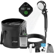 WADEO Portable Shower for Camping, Outdoor Electric Shower Rechargeable Pump with Intelligent Digital Display, 20L Collapsible Bucket, Two Shower Heads for Camping, Hiking, Traveling, Washing