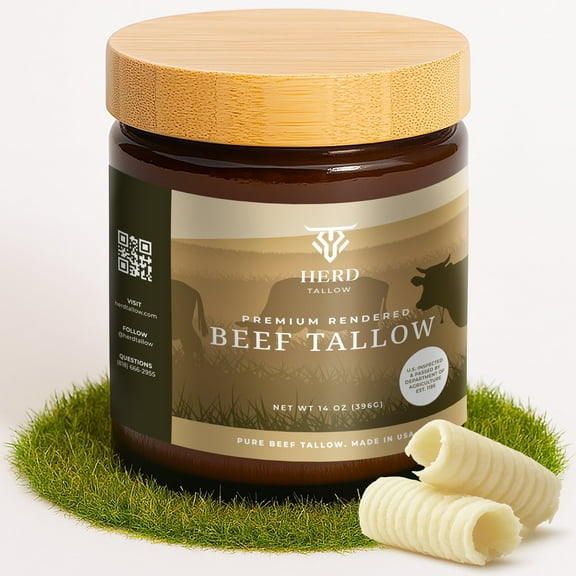 Herd Tallow Grass-Fed Beef Tallow 14oz Jar - Rendered Fat for Cooking, Paleo, Keto-Friendly