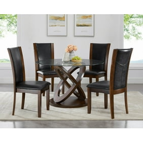 Siena Distressed Black Finish 5 Piece Dining Set Pedestal Round Table With Gray Upholstered Chairs Walmart Com Walmart Com