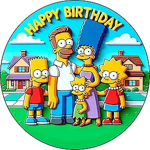 7.5" Pre-Cut Round Simpsons Happy Birthday Edible Image Cake Topper By TNCT