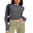 thumbnail image 1 of Women‘s Y2K Slim Crop Tops Solid Color Long Sleeve  Neck T-Shirts Basic Tee Yoga Workout Tops, 1 of 6