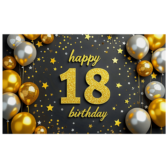 Black Background Glittery Gold 18 Happy Birthday Banner Party Supplies Backdrop for 18th Birthday Celebrations Photography Props Party Decorations