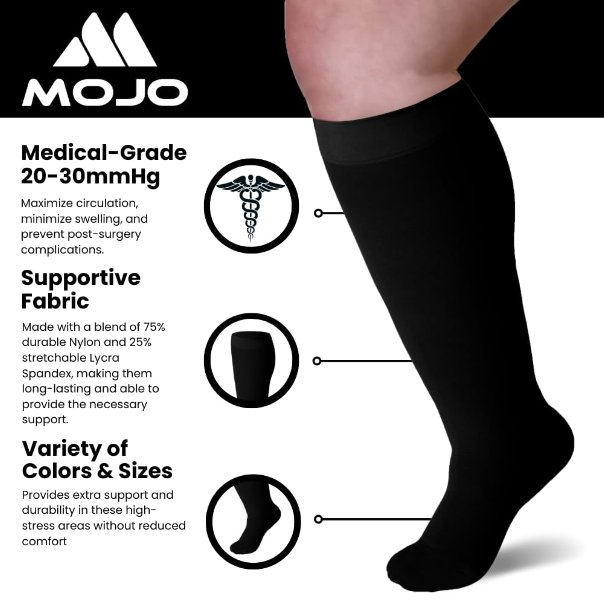 Mojo Compression Socks Men and Women 3 Pairs for DVT 20-30mmHg Black Medium