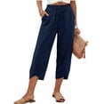 thumbnail image 2 of Linen Capri Pants for Women Elastic High Waist Tulip Hem Capris Loose Wide Leg Beach Cropped Trousers with Pockets Navy M, 2 of 9