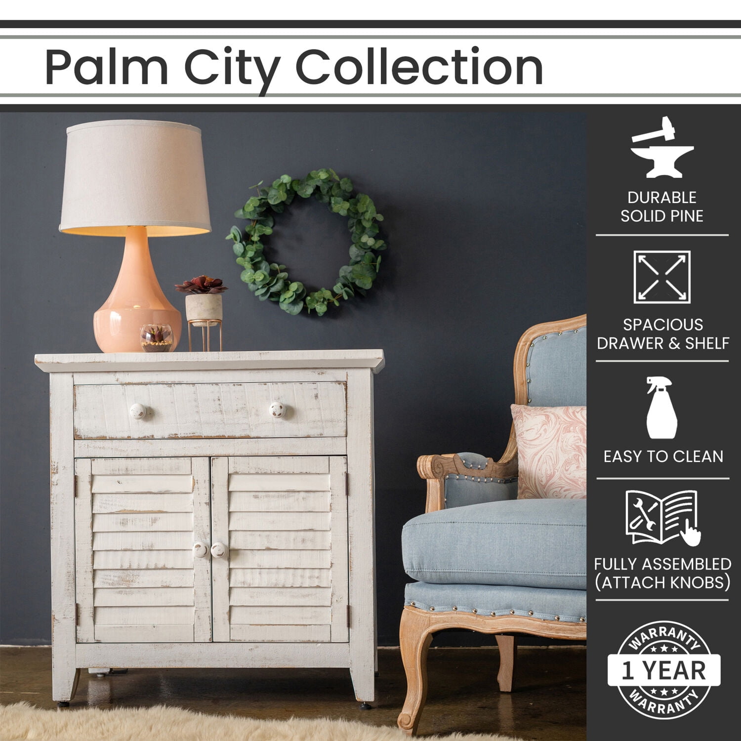 Hanover Palm City Accent Chest with Storage, 32-In. Height, Rustic White Finish, HLR008-WHT