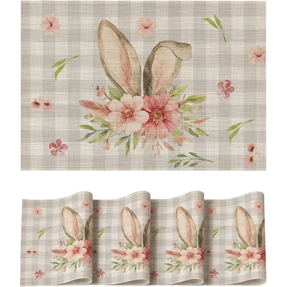 Buffalo Plaid Rabbit Ears Flowers Vinyl Easter Placemats Set of 4, 12x18 Inch Wipeable Non-Slip PVC Place Mats for Party Kitchen Dining Decor