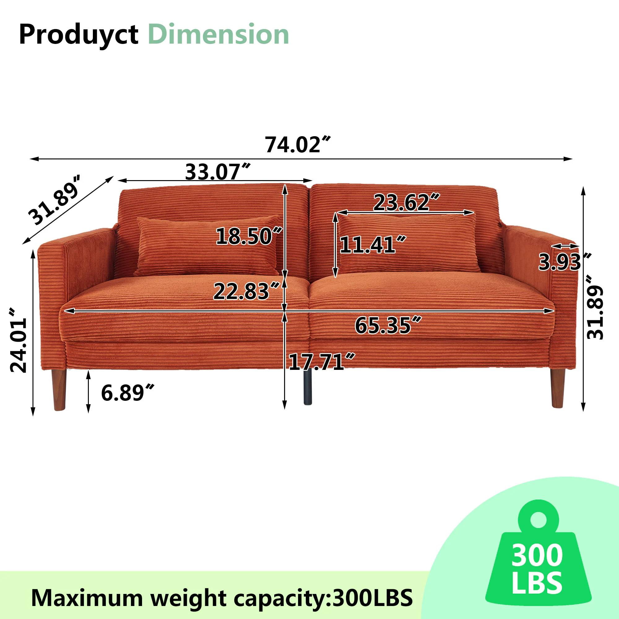 Comfy Futon Sofa Corduroy Loveseat Couch with Pillow Cushion, Modern Sleeper Sofa Couch with Solid Leg for Living Room,Bedroom, Orange