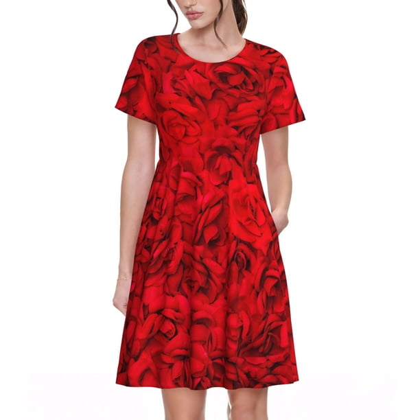 Fotbe Red Rose Vestido Largo de Moda para Mujer, Vestido Tipo Camiseta con Manga Corta y Estilo Casual a Rayas y Bloques de Color