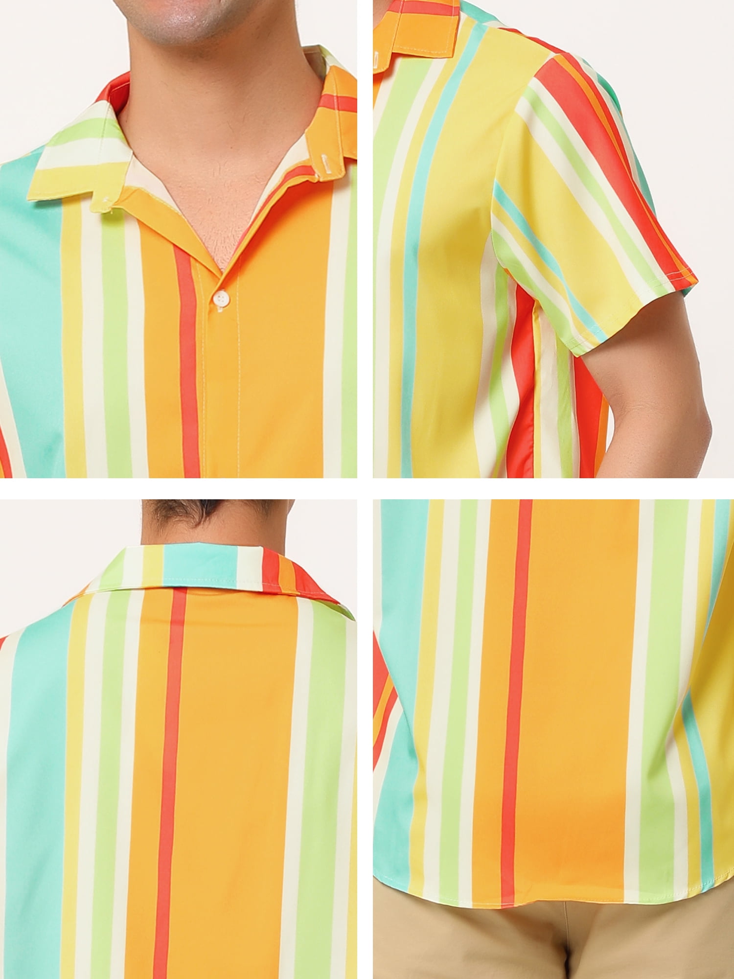 Unique Bargains Men's Summer Striped Shirt Short Sleeve Button Down Beach Shirts S Orange Green Yellow