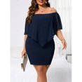thumbnail image 5 of Navy Blue Plus Size Off-Shoulder Fitted Mini Dress With Sheer Flounce Overlay, 5 of 7