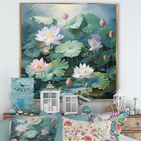 Designart "Lotus Pond Asian Painting II" Asian Floater Framed Wall Art Print