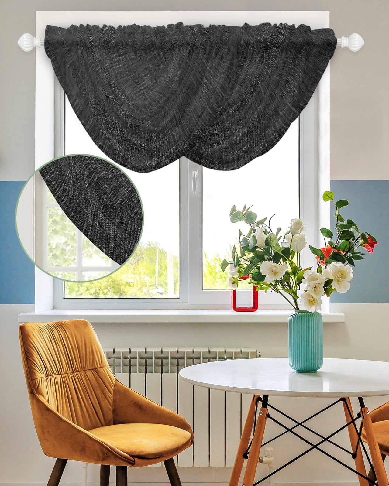 Black Waterfall Valances for Windows, Farmhouse Burlap Solid Black Color Modern Linen Texture Sheer Valance Curtains, Rod Pocket Elegant Swag Valances for Living Room Bedroom, 47.2"x38.5", 2 Panel