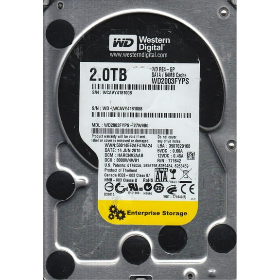 WD2003FYPS-27W9B0, DCM HARCNV2AAB, Western Digital 2TB SATA 3.5 Hard Drive