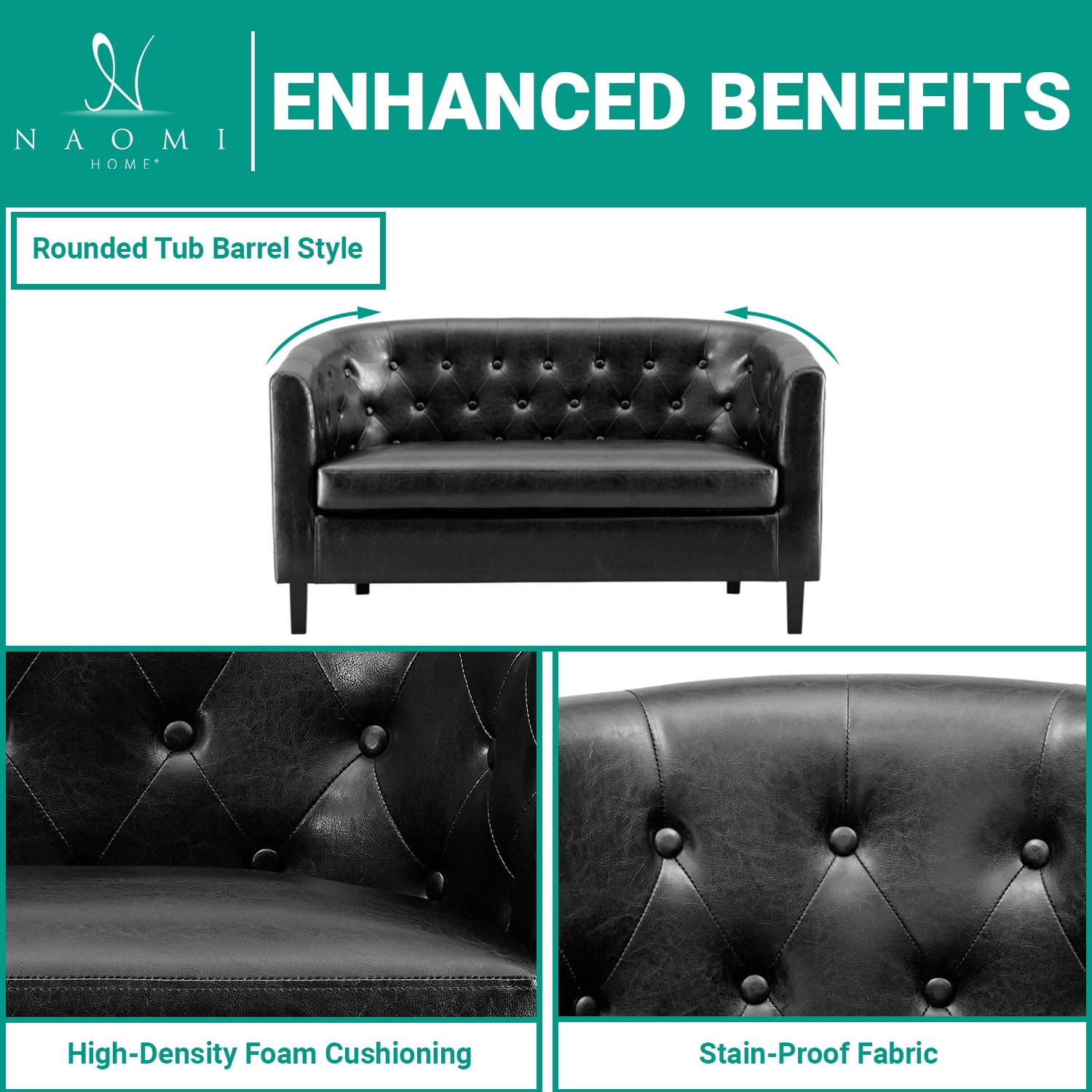 Naomi Home, Emma, Button Tufted Faux Leather Barrel Loveseat, Mid-Century Modern 2-Seater Couch – Black