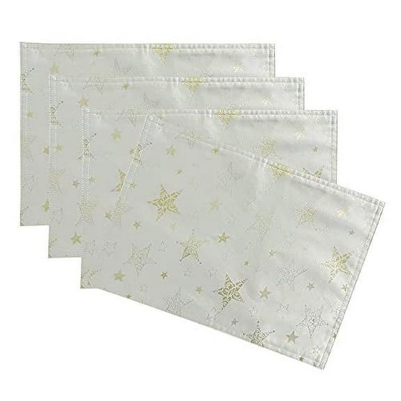 Fennco Styles Holiday Embroidered Metallic Star Placemats 13" W x 19" W, Set of 4 - Ivory Woven Table Mats for Home Décor, Banquet, Family Gathering, Christmas, Special Occasion