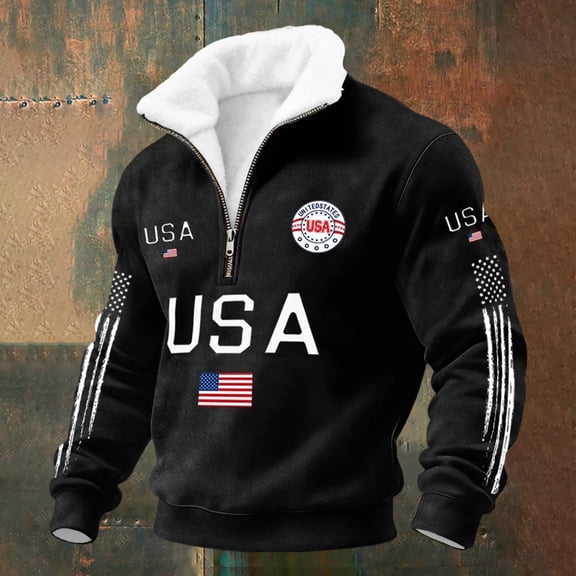 250th Anniversary Sweatshirts Long Sleeve Usa Flag Print Stand-Up Collar 1/4 Zipper Sweatshirts Patriotic Retro Top