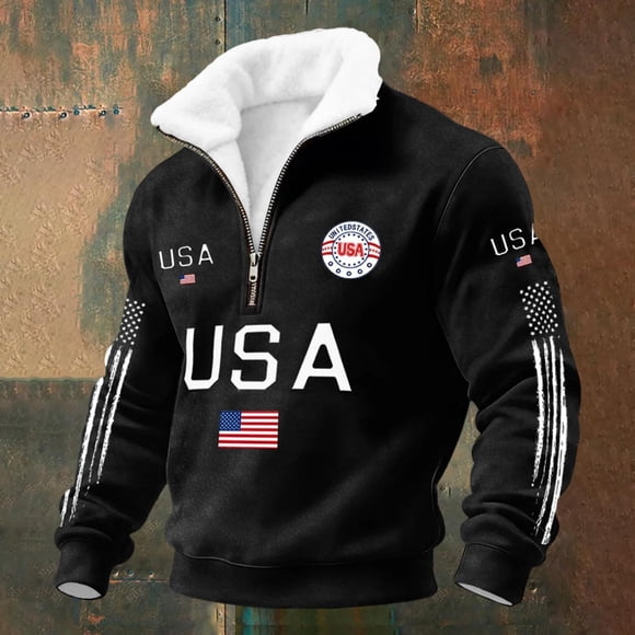 Men's Hoodless Sweatshirt Half Zip Pullover with USA Graphic Print for Everyday Casual Streetwear and Comfortable Fit