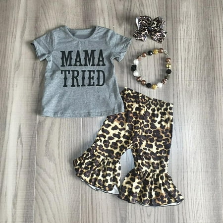 

uublik Toddler Clothes for Girls 2 Piece Letter T shirt Leopard Print Flare Pants Outfits Set