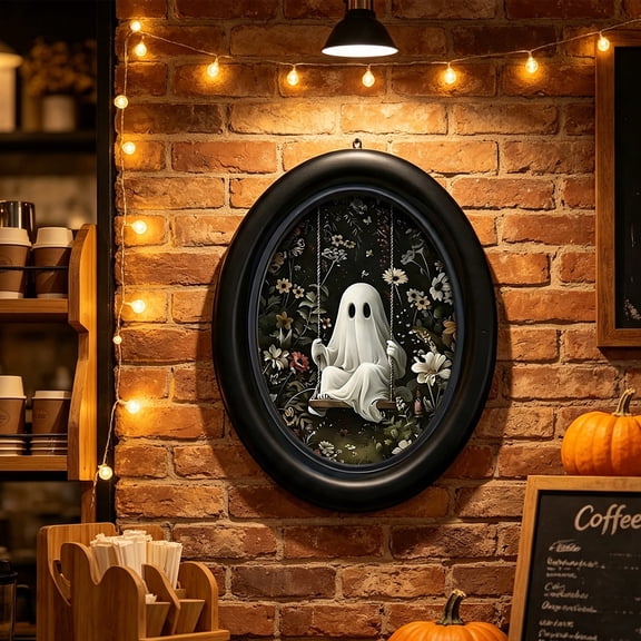 Framed Vintage Library Ghost Wall Art - Halloween Picture Decor, Cute Ghost Print, Halloween Wall Decor for Living Room Bedroom Home Office