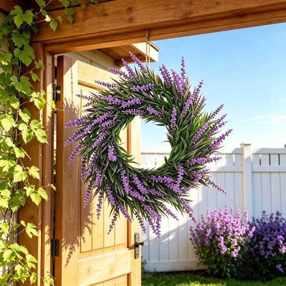 Artificial Lavender Wreaths for Front Door Outside Summer Spring Wreaths for Front Door Floral Wreath All Season for Wedding Farmhouse Porch Wall Room Home Decor.(11.81In)Purple,1pc