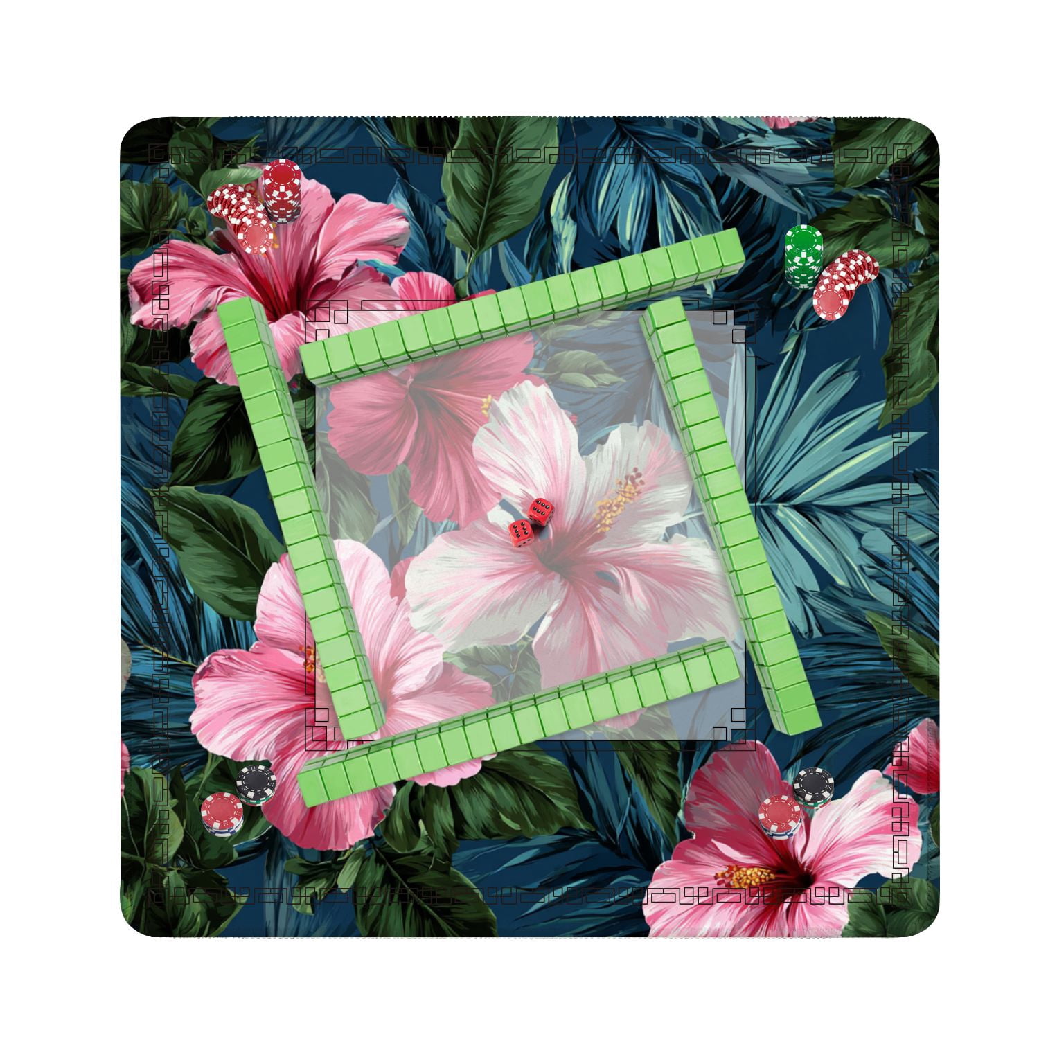 Mahjong Mat 31.5" x 31.5" Exotic tropical flowers pink hibiscus green monstera palm leaves Non-Slip Noise Reduction American Mahjong Tiles Table Cover for Dominoes Poker Card Board Games Gift