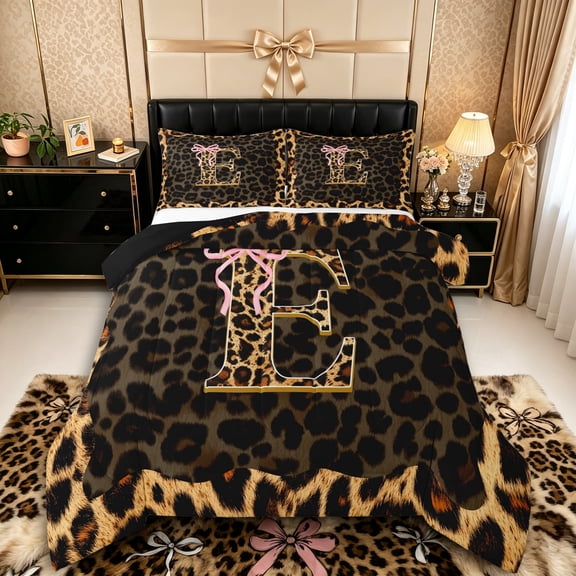Manfei Leopard Print Personalized Initial E Full Size Comforter Sets 3 Pieces for Teens,Pink Ribbon Bow Bedding Sets for Girls,Black Reversible,Ultra Soft Home Decor