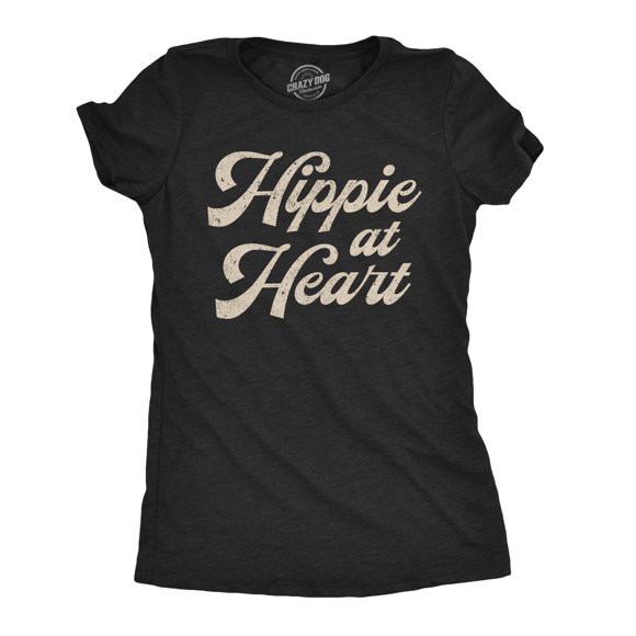 Womens Hippie At Heart T Shirt Funny Flower Child 70s Groovy Graphic Tee (Heather Black) - S