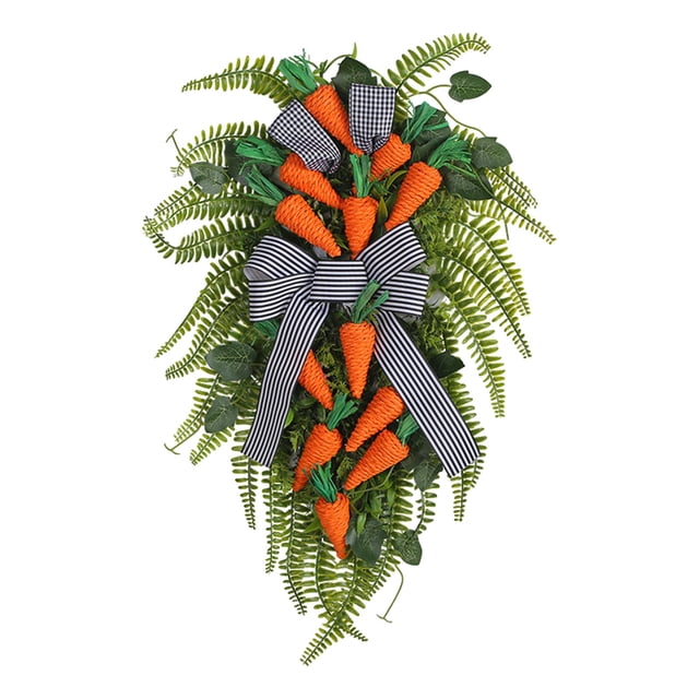 Easter Wreath for Front Door and Windows 30 cm x 55 cm Rattan Hanging Decor with Artificial Radish and Spring Plants
