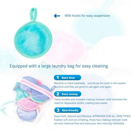 Nugilla Makeup Remover Pads,16 Pack 2 Layers 3.74 Inch Reusable Microfiber Cleansing Pad with Laundry Bag Suitable for All Skin Types,4 Color Facial Cleansing Pad Set.