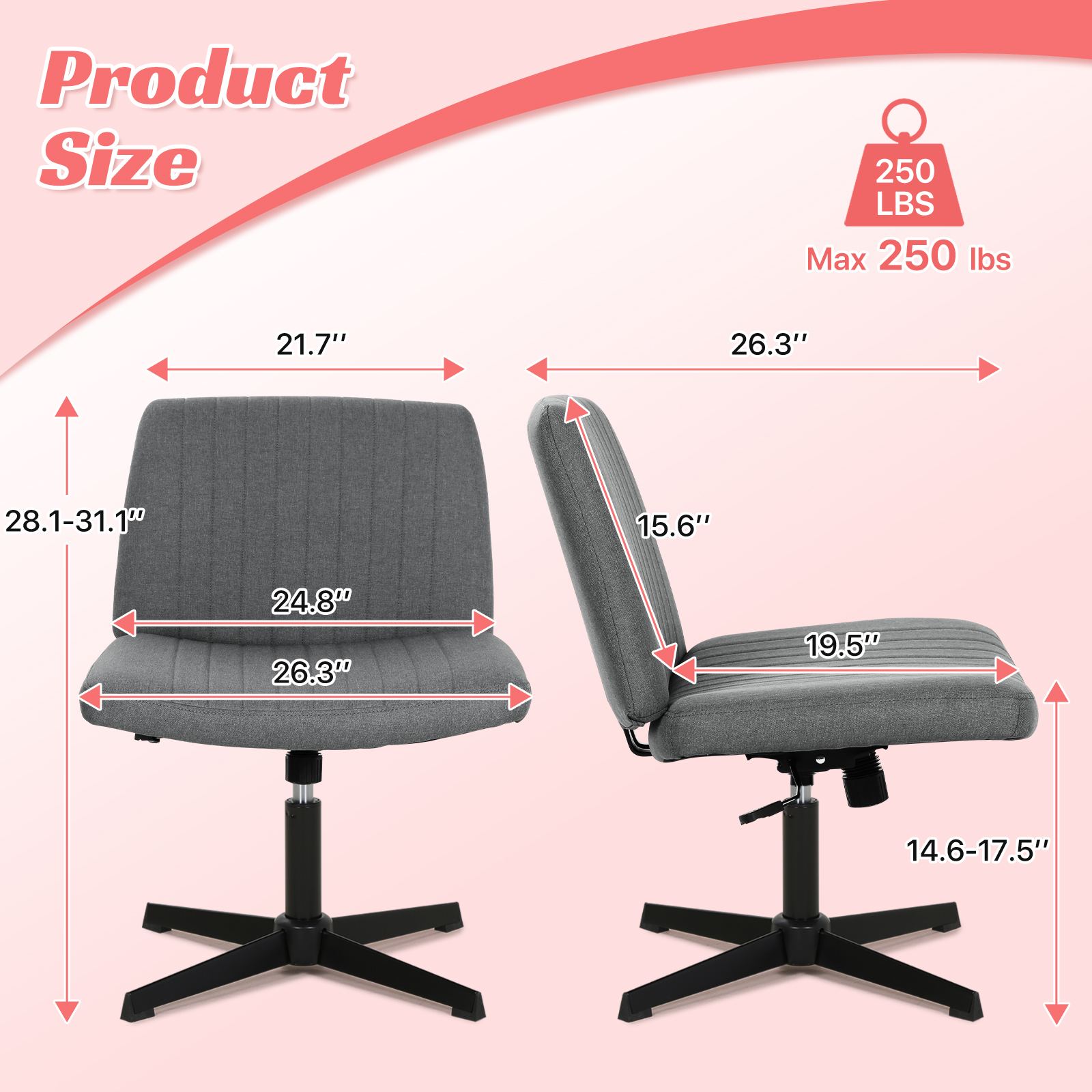 Criss Cross Chair, Armless  Vanity Chair Cross Legged Office Chair,  Adjustable Wide Swivel Desk Chair for Home Office No Wheels, Grey