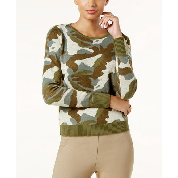 I.N.C. Metallic Camo-Print Sweater Olive Drab XL