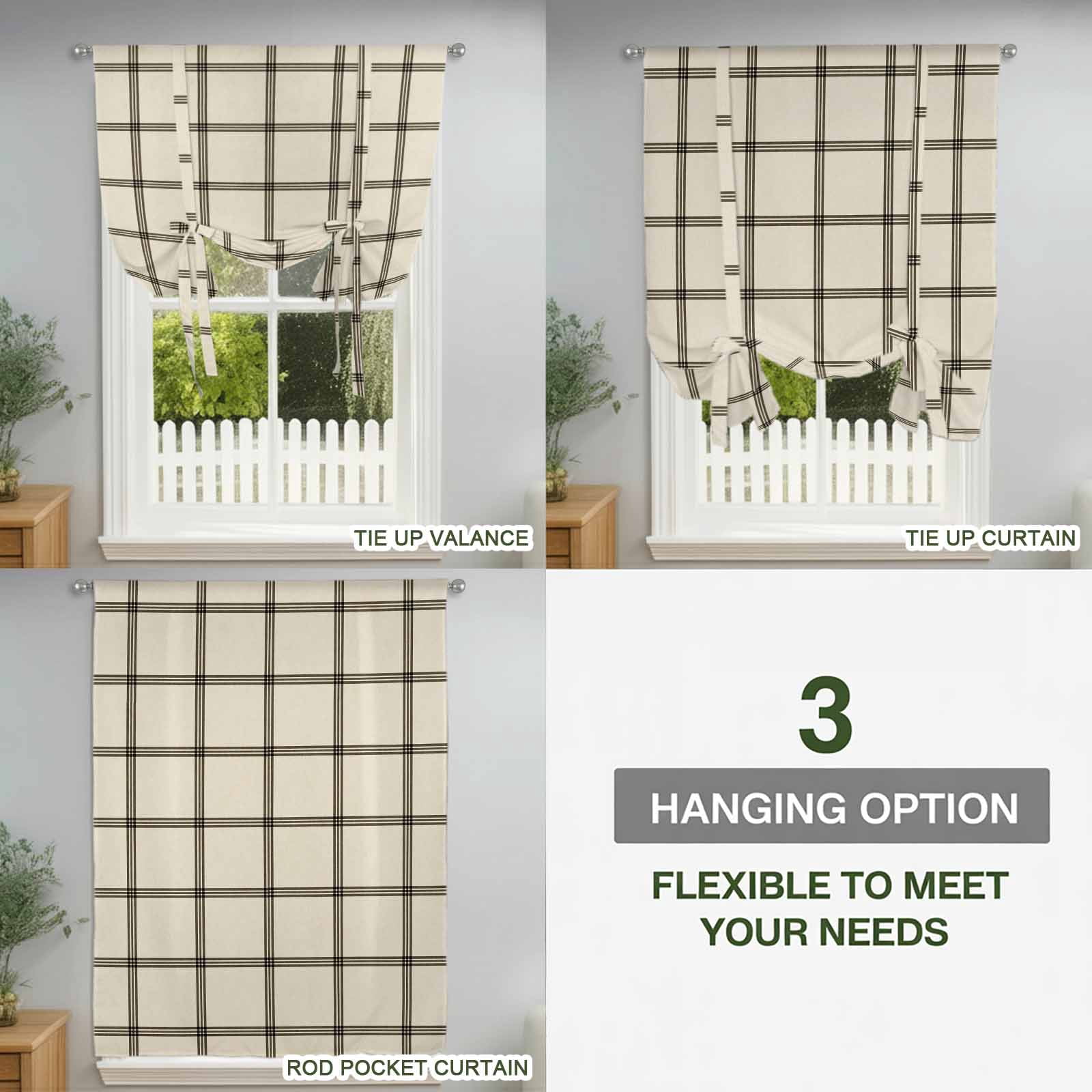 Linen Buffalo Check Tie Up Curtains 45 Inches Long, Kitchen Window Curtains Over Sink, Retro Black Lines Grid Pattern Small Window Curtains Shade Balloon Curtains Valances for Bedroom/Cafe 34"x45"