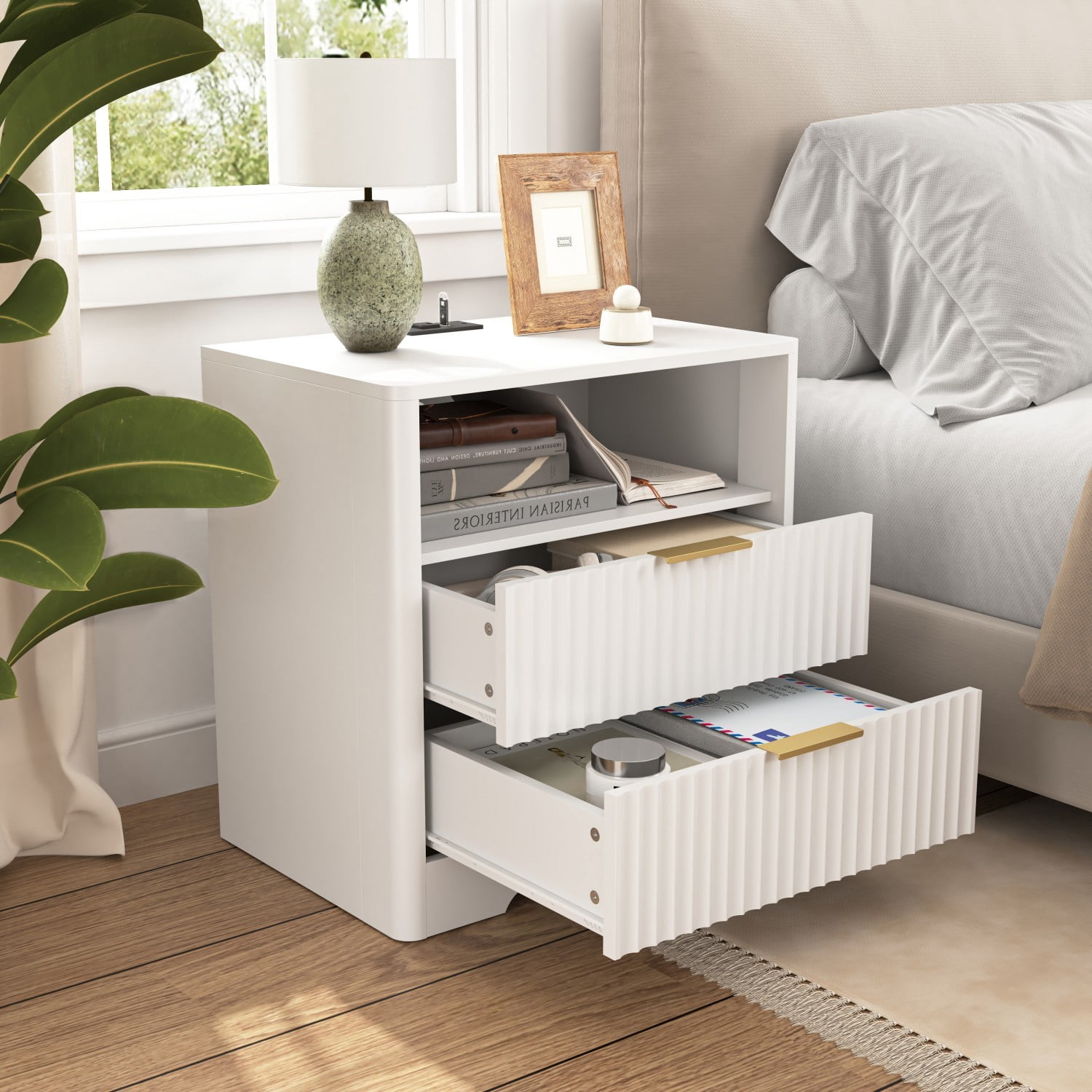 Nightstand with Charging Station and Voice Control Night Light, Modern Bedside Table with Storage Cabinet, White Night Stand for Bedroom, Living Room