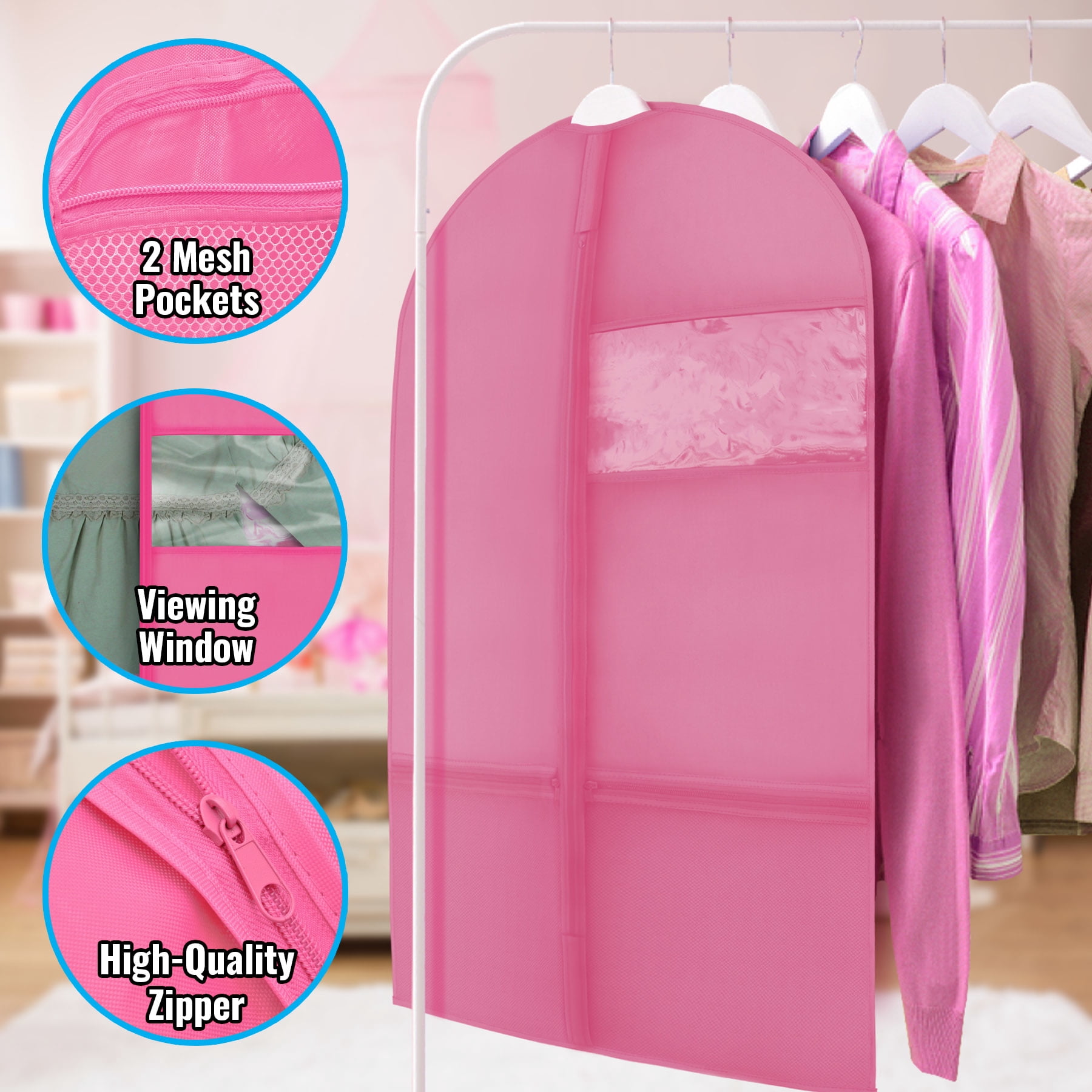Plixio 36" Kids Garment Bags for Dance Costumes, Children Hanging Clothes, Uniform, Suits, Girls Dress Recital Closet Organizer Dance Garment Bags For Dancers w/ Zippered Pockets (6 Pack: 36" Pink)