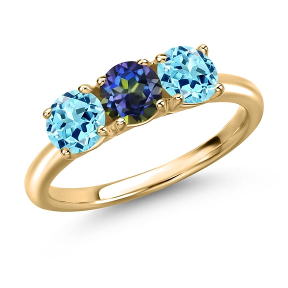 Gem Stone King 10K Yellow Gold Blue Mystic Topaz and Blue Apatite Engagement Ring for Women | 1.49 Cttw | Round 5MM | Gemstone November Birthstone | Size 6