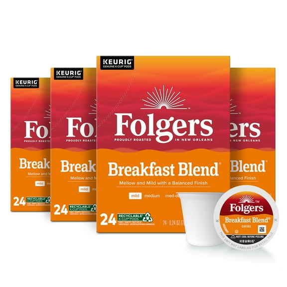(4 pack) Folgers Breakfast Blend, Mild Roast Coffee, Keurig K Cup Pods, 24 Count Box