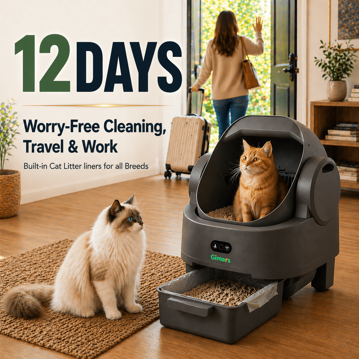Gimars Self Cleaning Cat Litter Box, Open-Top, Large Capacity, Safety Sensors, For Multi Cats