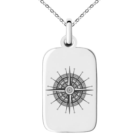 Stainless Steel Nautical Needle Dial Compass Engraved Small Rectangle Dog Tag Charm Pendant Necklace