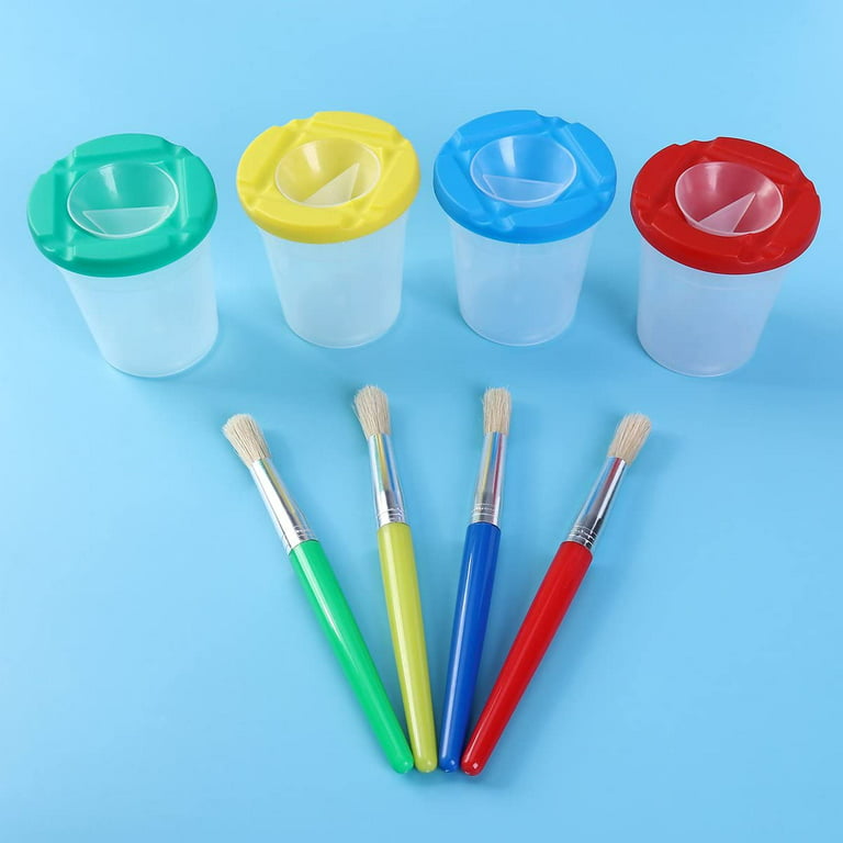 DIYASY 4 Pcs Kids No Spill Paint Cups and 4 Round Paint Brushes 4 Colors  Spill Proof Paint Cups for Children' Art Class and Home.